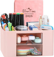 7-Grid Creative Desk Organiser with Drawer – Pink Plastic Pen & Table Storage Box