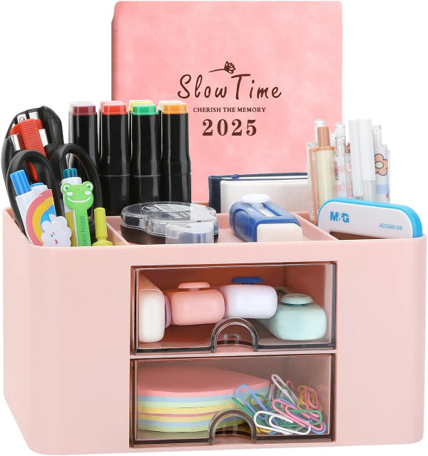 7-Grid Creative Desk Organiser with Drawer – Pink Plastic Pen & Table Storage Box