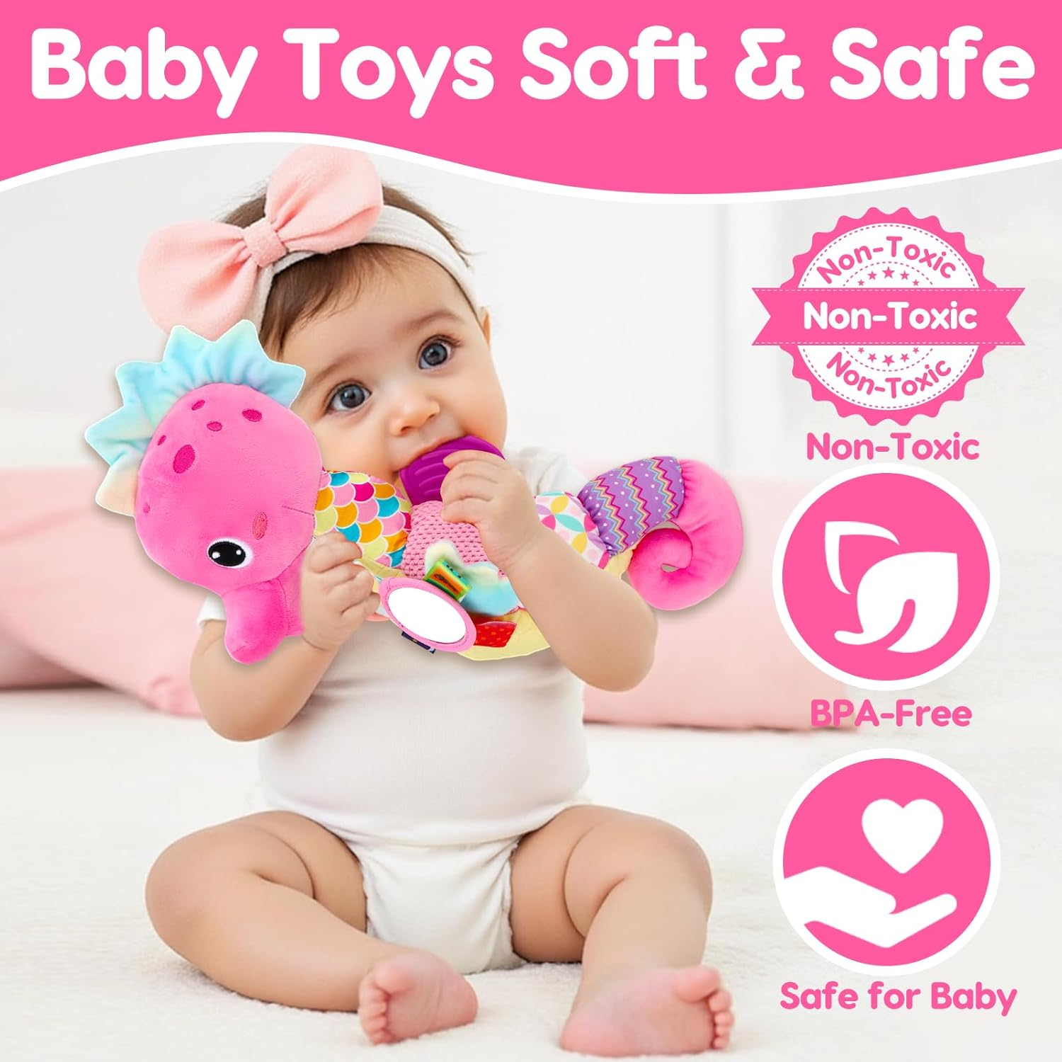 Baby Sensory Toys 0-12 Months – Musical Tummy Time Toy with Mirror, Rattles & Teether