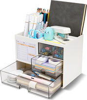 White Desk Organizer with 3 Drawers – Large Stationery & Makeup Storage Box