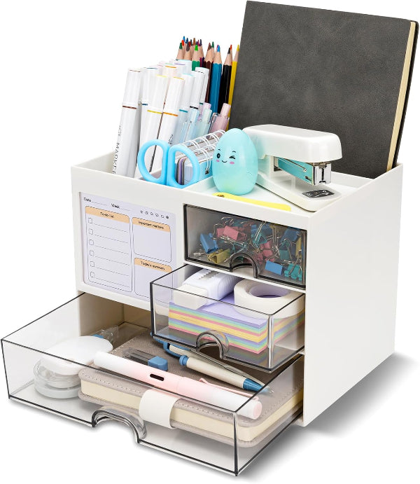 White Desk Organizer with 3 Drawers – Large Stationery & Makeup Storage Box