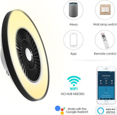 Smart fan with connectivity options including Alexa, wall lamp switch, app, remote control, and Google Assistant.