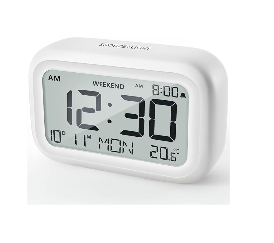 Battery Powered LCD Digital Alarm Clock – Adjustable Volume, Snooze & Weekend Mode