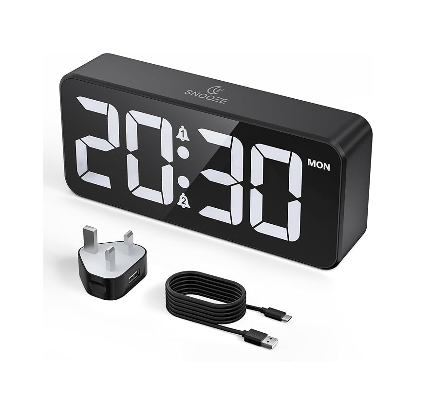 Mains Powered LED Digital Alarm Clock – Dual Alarm, Snooze, 10 Ringtones, USB Port