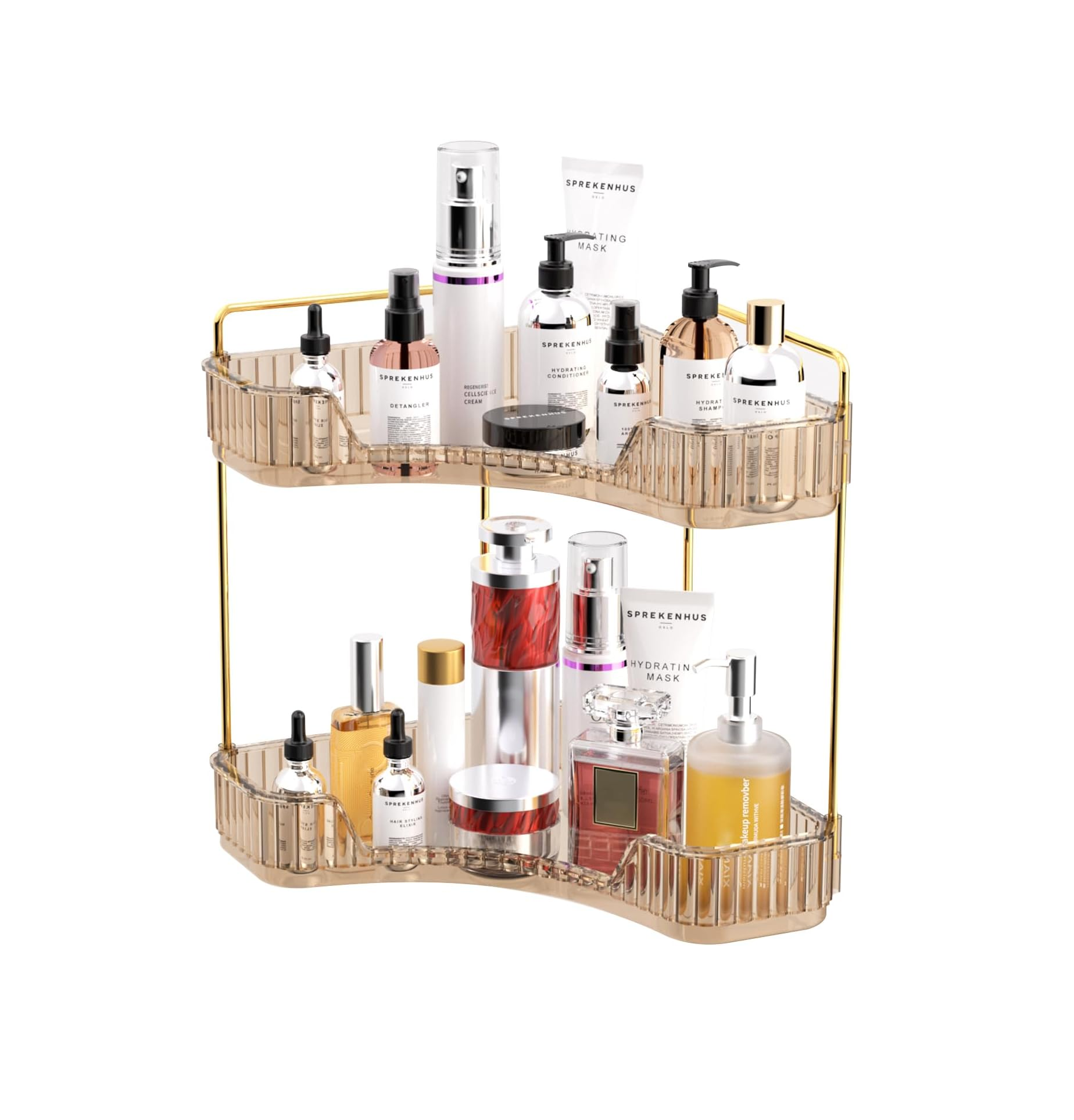2-Tier Corner Bathroom & Vanity Organizer, Gold Makeup, Perfume & Counter Tray