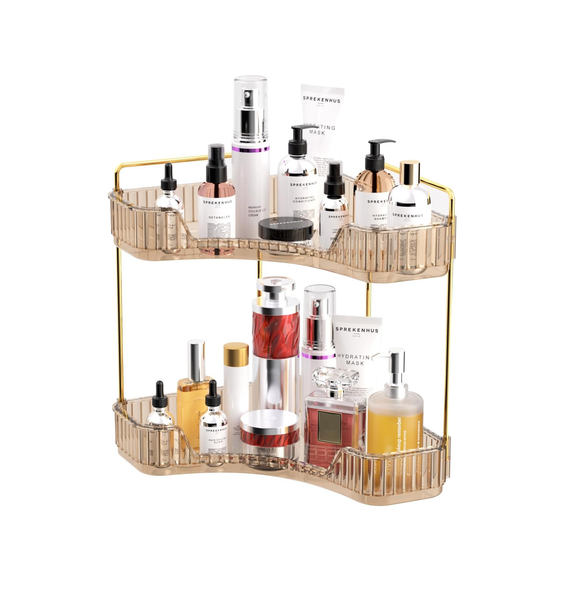 2-Tier Corner Bathroom & Vanity Organizer, Gold Makeup, Perfume & Counter Tray
