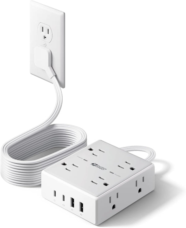 10Ft Extension Cord Surge Protector Power Strip – 8 Outlets & 4 USB (2 USB-C) for Home, Office