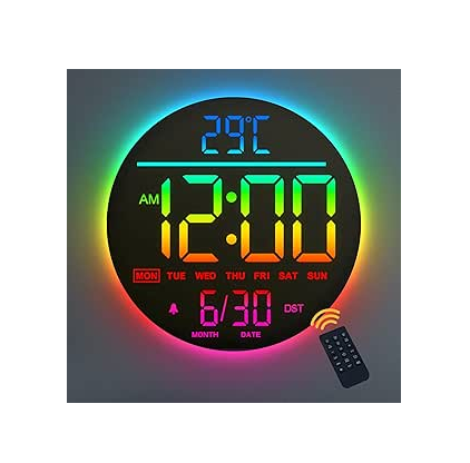 10'' Digital LED Wall Clock – Night Light, Alarm, Remote, RGB, Temp & Date