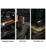 Lighting tool with magnetic base, belt clip, and versatile use in engine, pocket, and forest settings.