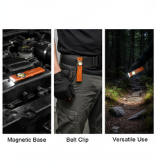 Lighting tool with magnetic base, belt clip, and versatile use in engine, pocket, and forest settings.